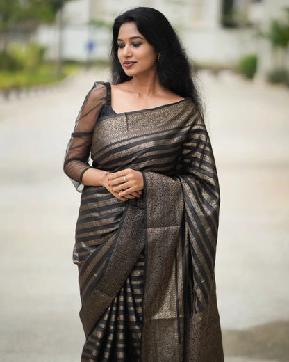 Delectable Black Soft Silk Saree With Luxuriant Blouse Piece