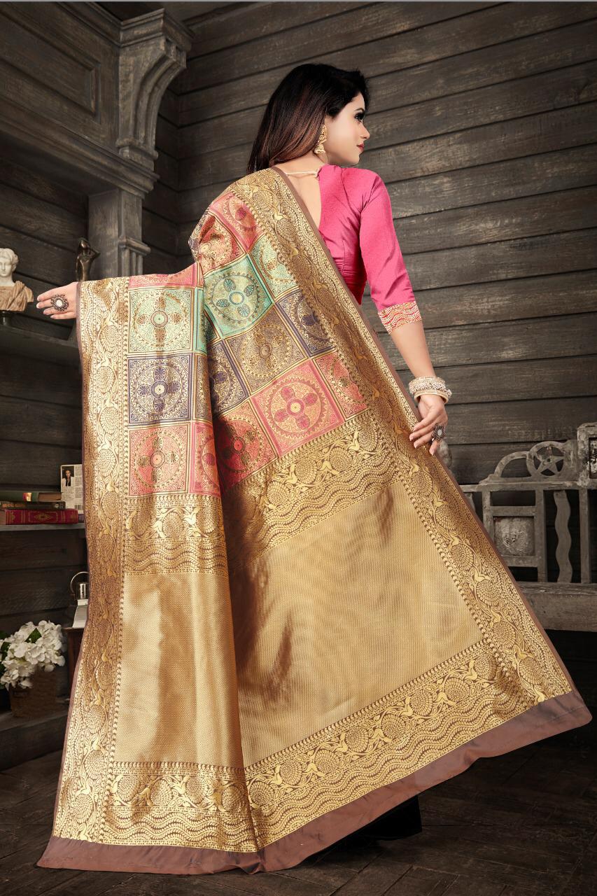 Flamboyant Beige Soft Banarasi Silk Saree With Fancifull Blouse Piece