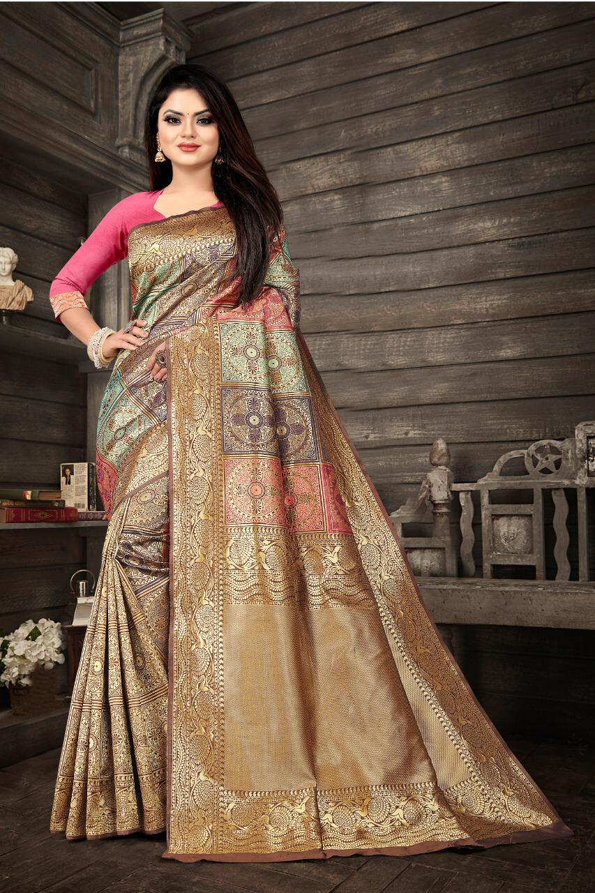 Flamboyant Beige Soft Banarasi Silk Saree With Fancifull Blouse Piece