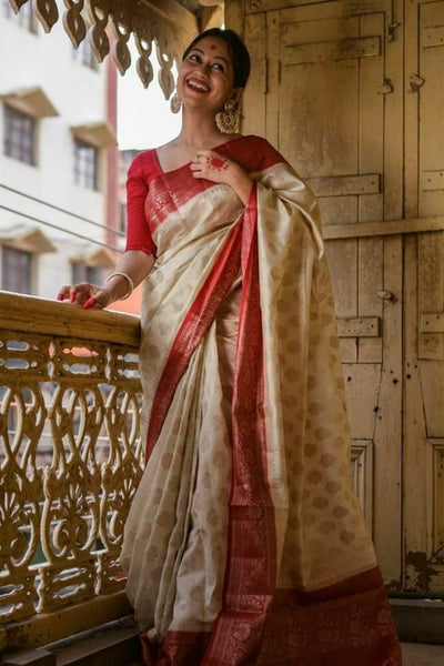 Embrocation Beige Soft Banarasi Silk Saree With Bucolic Blouse Piece