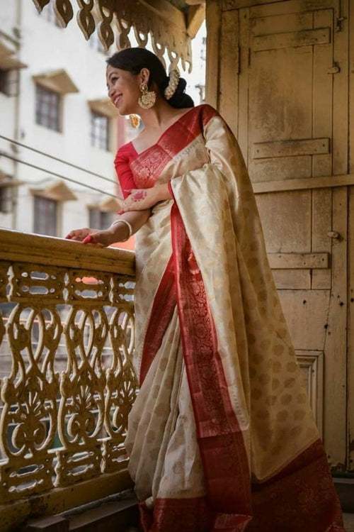 Load image into Gallery viewer, Embrocation Beige Soft Banarasi Silk Saree With Bucolic Blouse Piece
