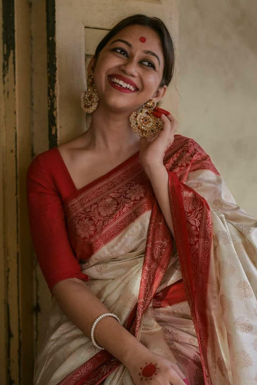 Load image into Gallery viewer, Embrocation Beige Soft Banarasi Silk Saree With Bucolic Blouse Piece
