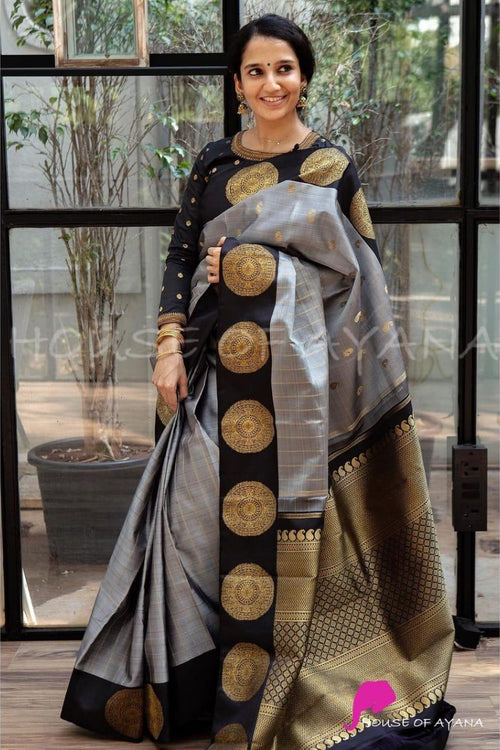 Load image into Gallery viewer, Blooming Grey Soft Banarasi Silk Saree With Intricate Blouse Piece
