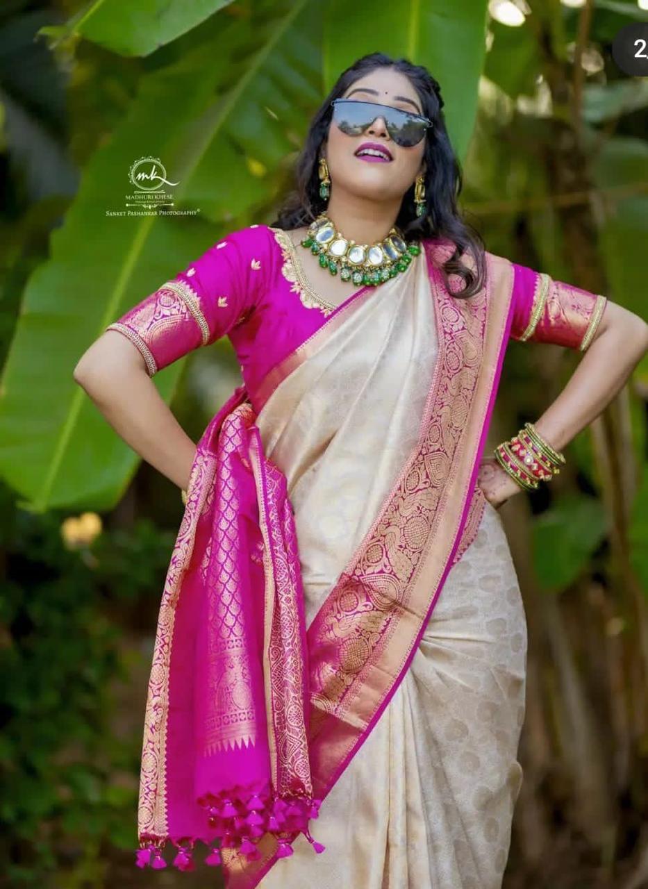 Tremendous Beige Soft Banarasi Silk Saree With Blooming Blouse Piece