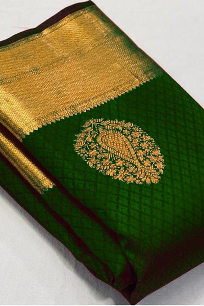 Quintessential Dark Green Soft Banarasi Silk Saree With Lissome Blouse Piece