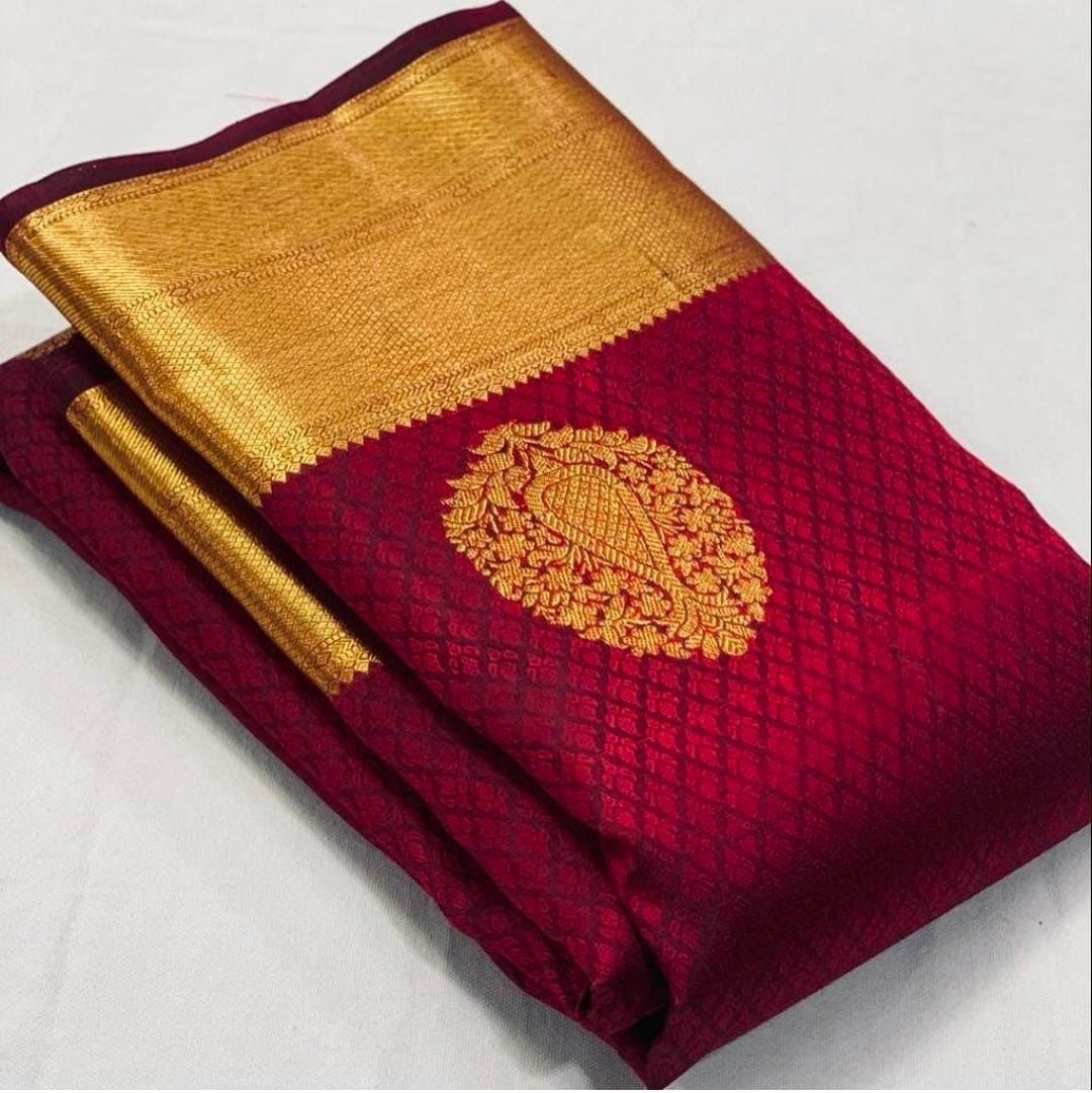 Lassitude Maroon Soft Banarasi Silk Saree With Lissome Blouse Piece