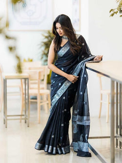 Nemesis Black Soft Silk Saree With Artistic Blouse Piece