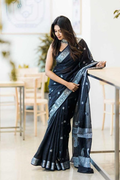 Nemesis Black Soft Silk Saree With Artistic Blouse Piece