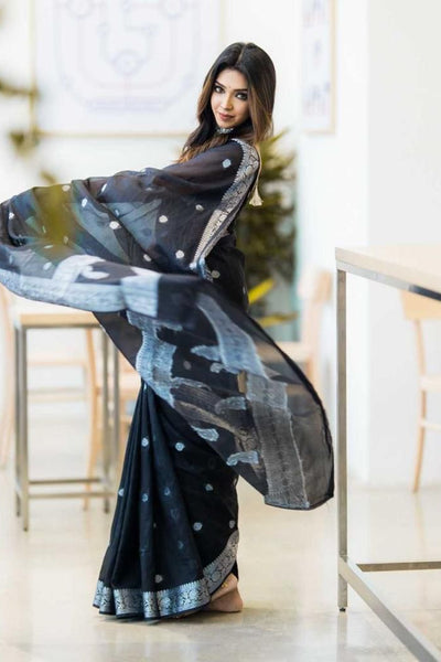 Nemesis Black Soft Silk Saree With Artistic Blouse Piece