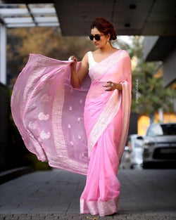 Bucolic Pink Soft Silk Saree With Chatoyant Blouse Piece