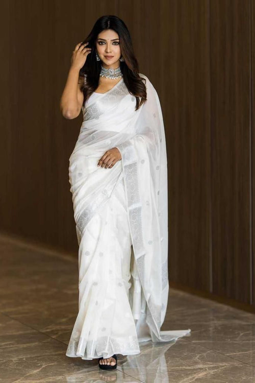 Load image into Gallery viewer, Conflate White Soft Silk Saree With Cynosure Blouse Piece
