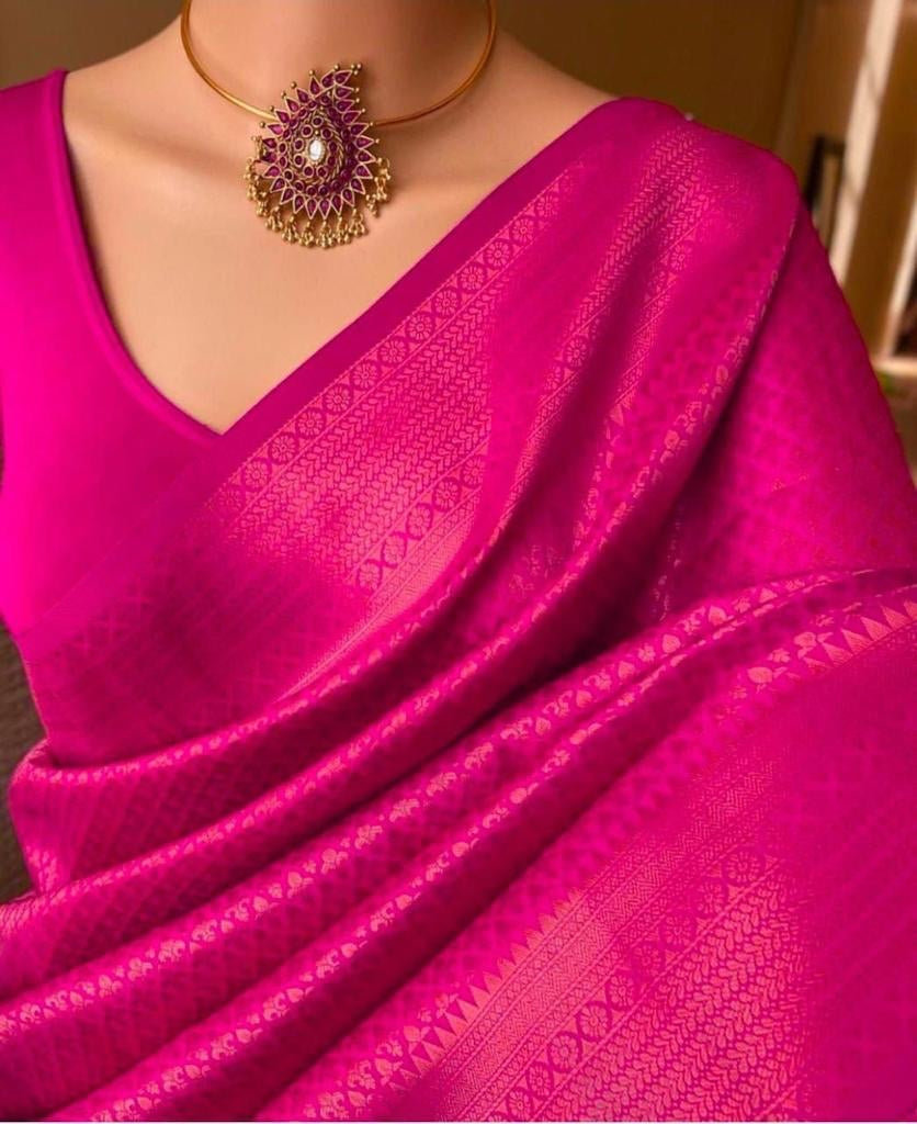 Smashing Dark Pink Soft Silk Saree With Demure Blouse Piece