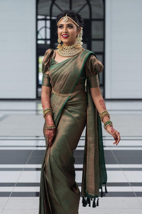 Load image into Gallery viewer, Deserving Green Soft Silk Saree with Energetic Blouse Piece
