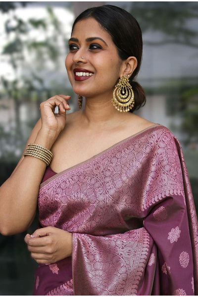 Amiable Wine Soft Banarasi Silk Saree With Intricate Blouse Piece