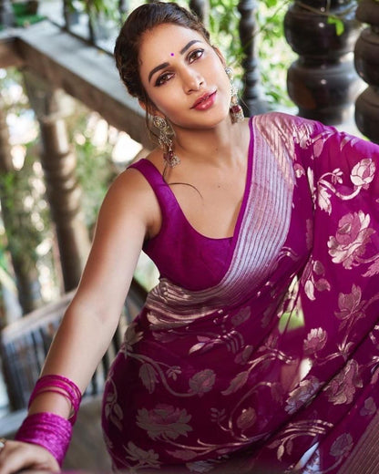 Stunning Purple Banarasi Silk Saree With Lovely Blouse Piece