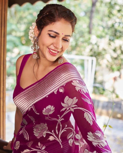 Stunning Purple Banarasi Silk Saree With Lovely Blouse Piece