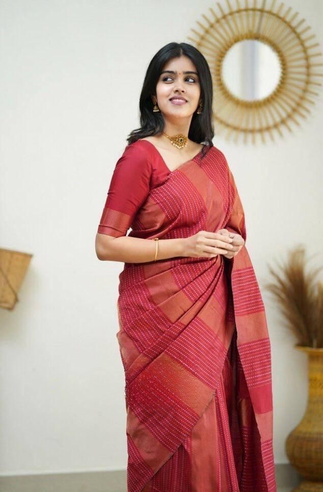 Traditional Red Soft Silk Saree With Twirling Blouse Piece