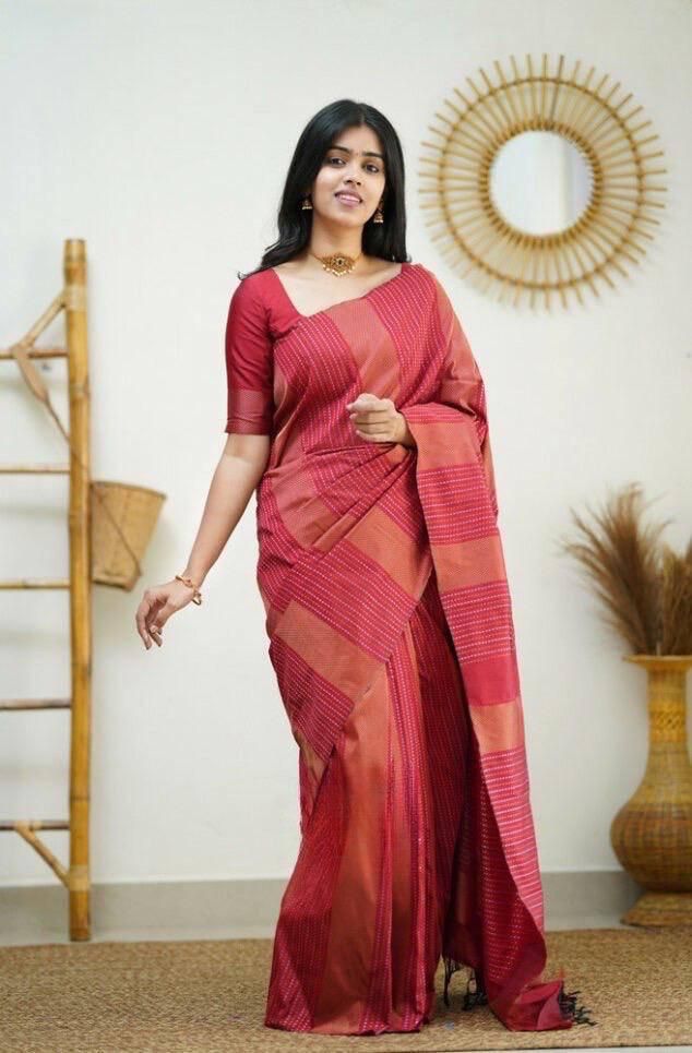 Traditional Red Soft Silk Saree With Twirling Blouse Piece