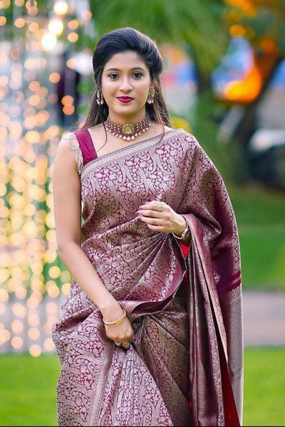 Wonderful Wine Soft Banarasi Silk Saree with Stylish Blouse Piece