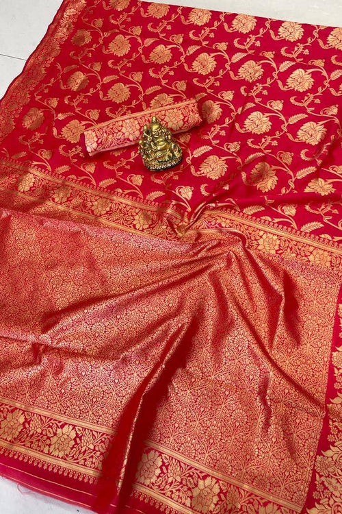 Load image into Gallery viewer, Flaunt Red Soft Banarasi Silk Saree Gleaming Blouse Piece
