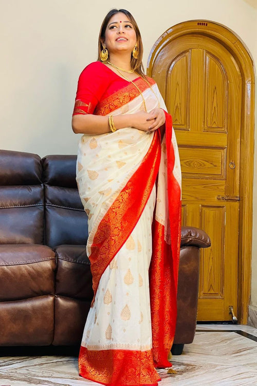 Load image into Gallery viewer, Desuetude White Soft Banarasi Silk Saree with Staring Blouse Piece
