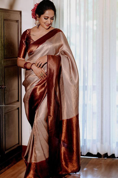 Unique Beige Soft Silk Saree With Extraordinary Blouse Piece