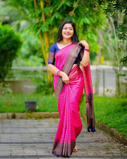 Ideal Dark Pink Soft Silk Saree With Assemblage Blouse Piece