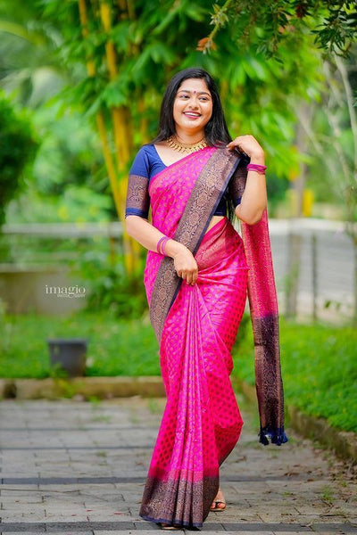 Ideal Dark Pink Soft Silk Saree With Assemblage Blouse Piece