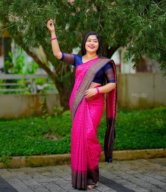 Ideal Dark Pink Soft Silk Saree With Assemblage Blouse Piece