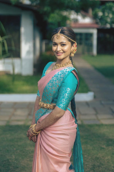 Moiety Peach Soft Banarasi Silk Saree With Impressive Blouse Piece