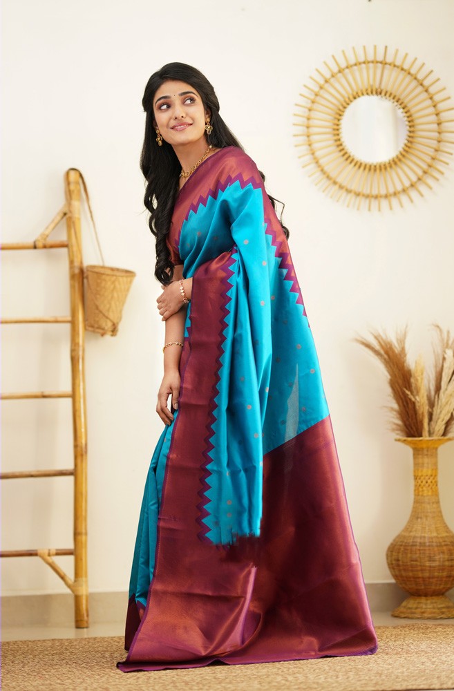 Charming Firozi Soft Banarasi Silk Saree With Attractive Blouse Piece