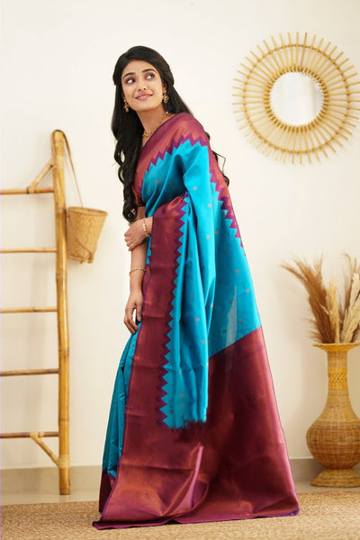 Charming Firozi Soft Banarasi Silk Saree With Attractive Blouse Piece