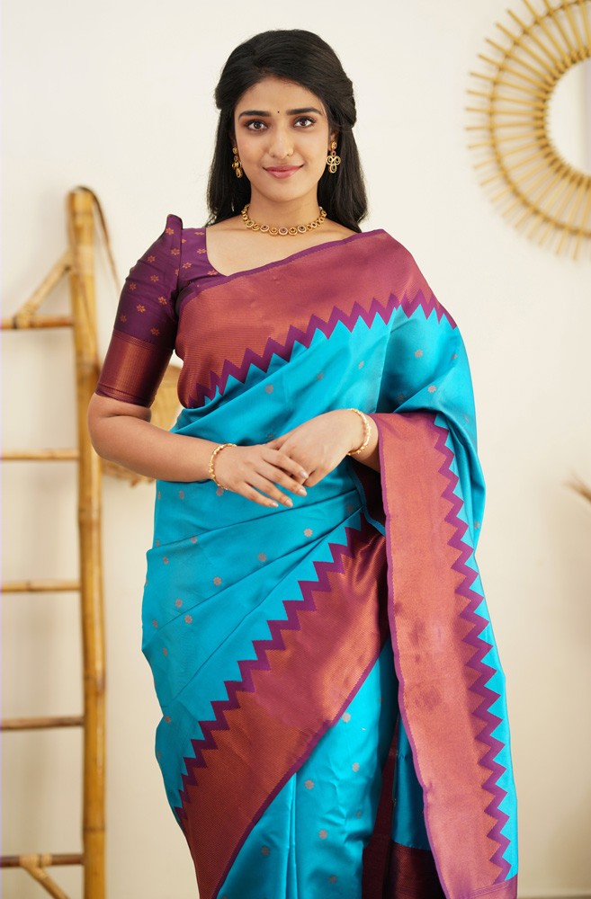 Charming Firozi Soft Banarasi Silk Saree With Attractive Blouse Piece