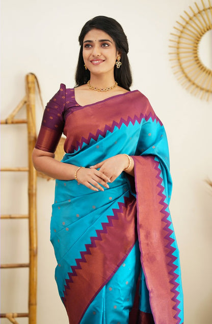 Charming Firozi Soft Banarasi Silk Saree With Attractive Blouse Piece