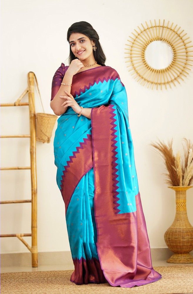 Charming Firozi Soft Banarasi Silk Saree With Attractive Blouse Piece