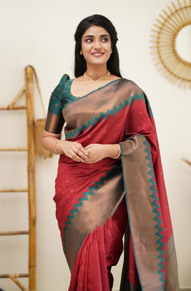 Mesmerising Maroon Soft Banarasi Silk Saree With Flaunt Blouse Piece