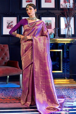 Demesne Purple Kanjivaram Silk Saree With Beautiful Blouse Piece