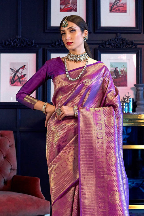 Load image into Gallery viewer, Demesne Purple Kanjivaram Silk Saree With Beautiful Blouse Piece
