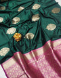 Elegant Dark Green Soft Banarasi Silk Saree With Fancifull Blouse Piece