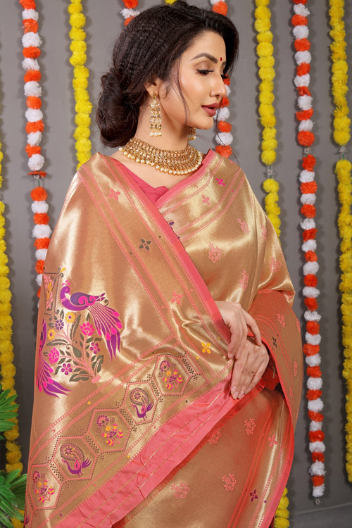 Load image into Gallery viewer, Pleasant Baby Pink Paithani Silk Saree With Invaluable Blouse Piece
