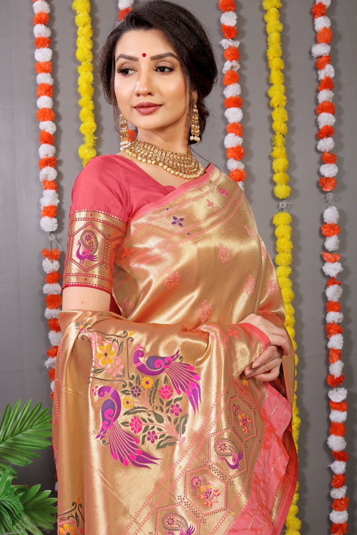 Pleasant Baby Pink Paithani Silk Saree With Invaluable Blouse Piece