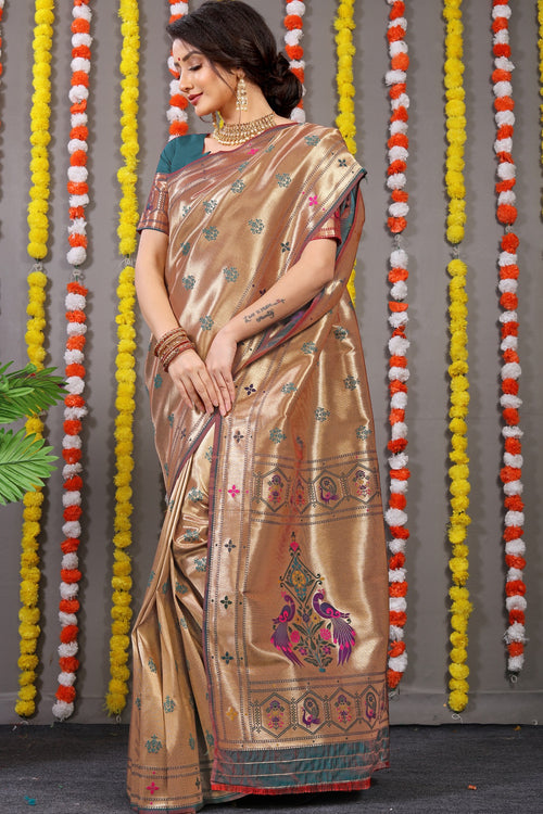 Load image into Gallery viewer, Desirable Rama Paithani Silk Saree With Invaluable Blouse Piece
