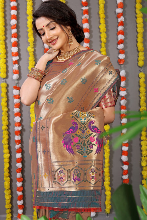 Load image into Gallery viewer, Desirable Rama Paithani Silk Saree With Invaluable Blouse Piece
