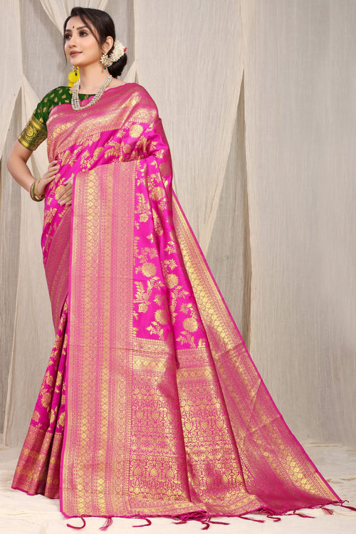 Load image into Gallery viewer, Flattering Dark Pink Banarasi Silk Saree With Adorable Blouse Piece
