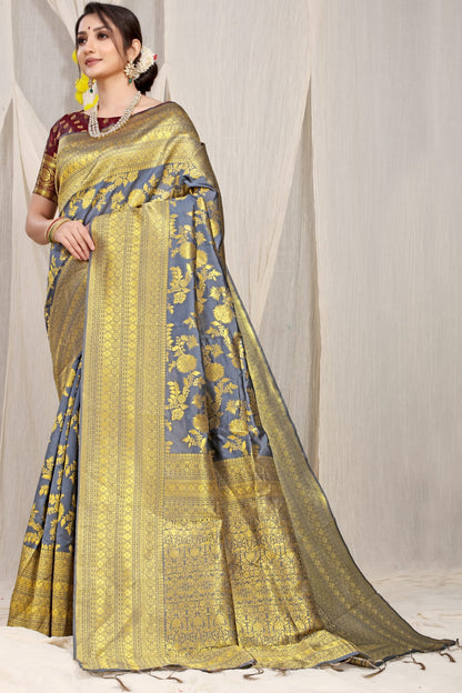 Precious Grey Banarasi Silk Saree With Adorable Blouse Piece