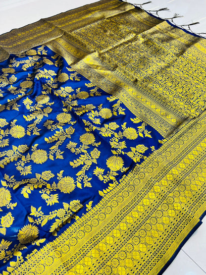 Sophisticated Navy Blue Banarasi Silk Saree With Adorable Blouse Piece