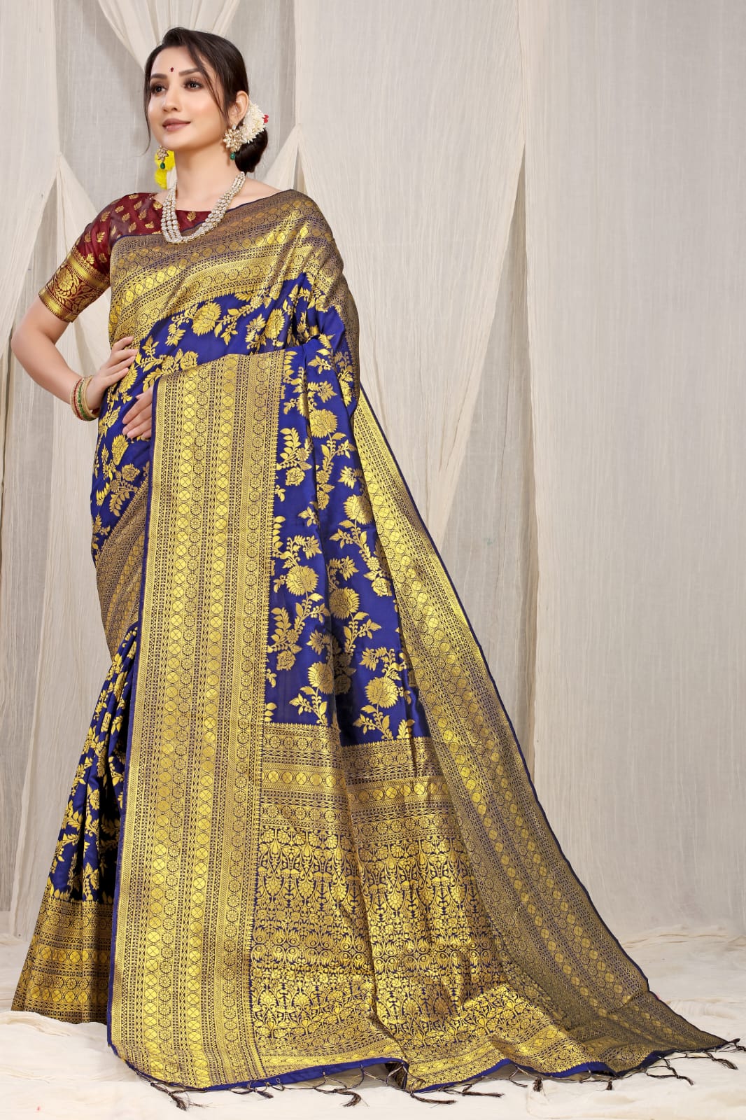 Sophisticated Navy Blue Banarasi Silk Saree With Adorable Blouse Piece