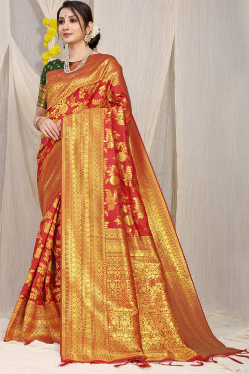 Load image into Gallery viewer, Charming Red Banarasi Silk Saree With Adorable Blouse Piece
