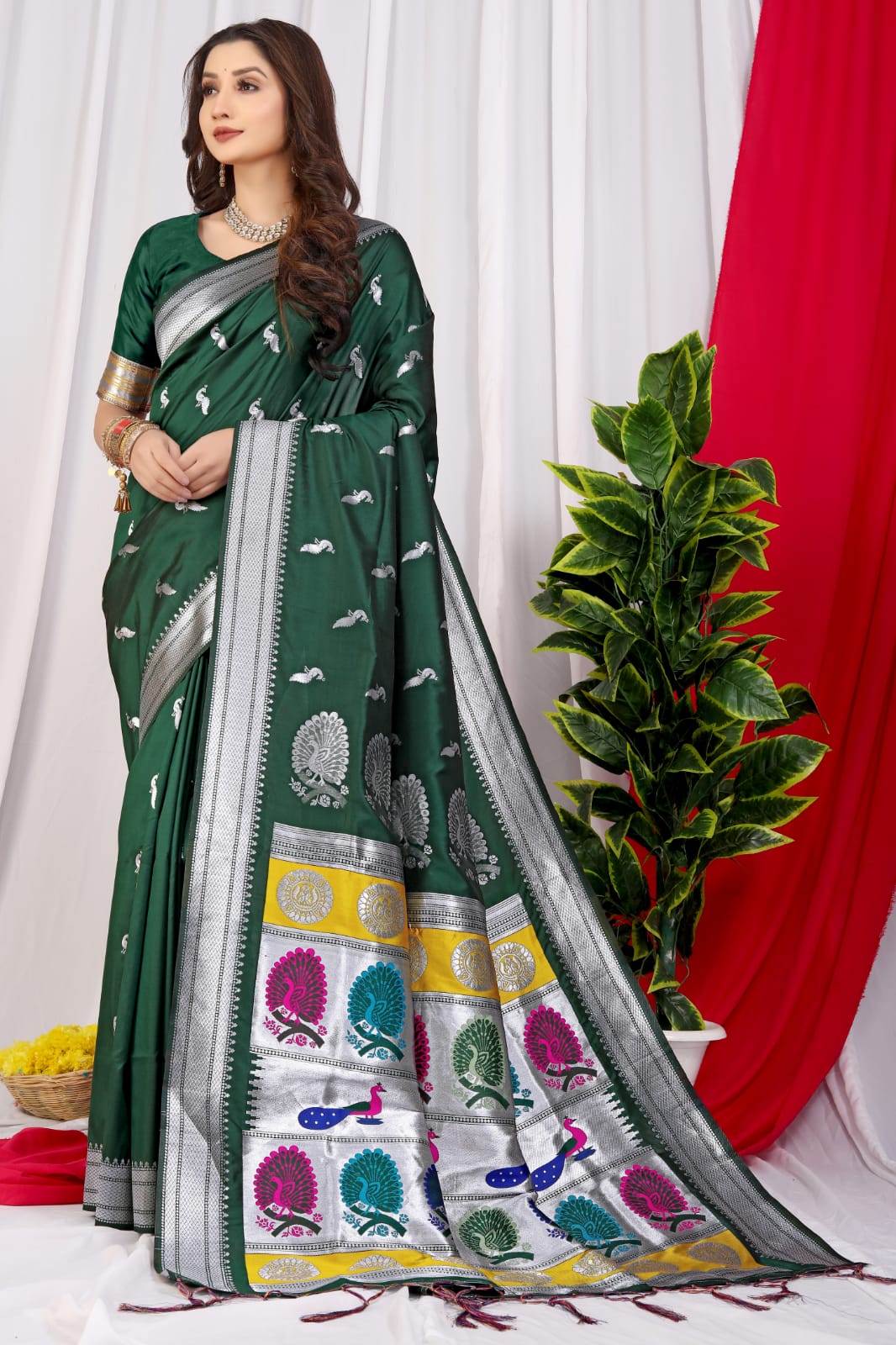 Bottle Green Pure Silk Festival Wear Paithani Saree pavitrapaithanisilk  86004