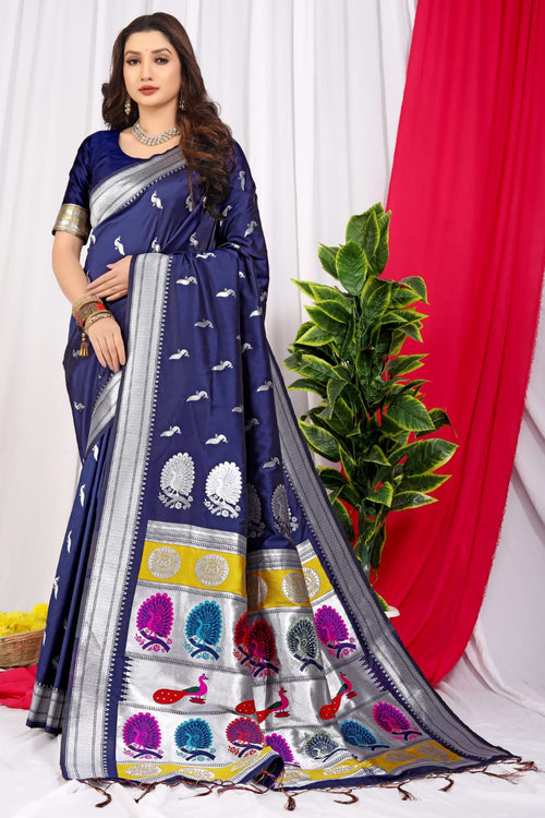 Load image into Gallery viewer, Demanding Navy Blue Pure Paithani Silk Saree With Prodigal Blouse Piece
